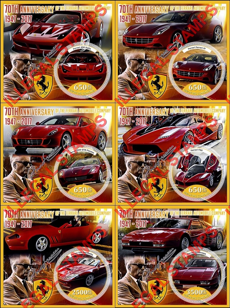 Comoro Islands 2017 Ferrari Counterfeit Illegal Stamp Souvenir Sheets of 1 Comoro Islands 2017 Ferrari Counterfeit Illegal Stamp Souvenir Sheets of 1