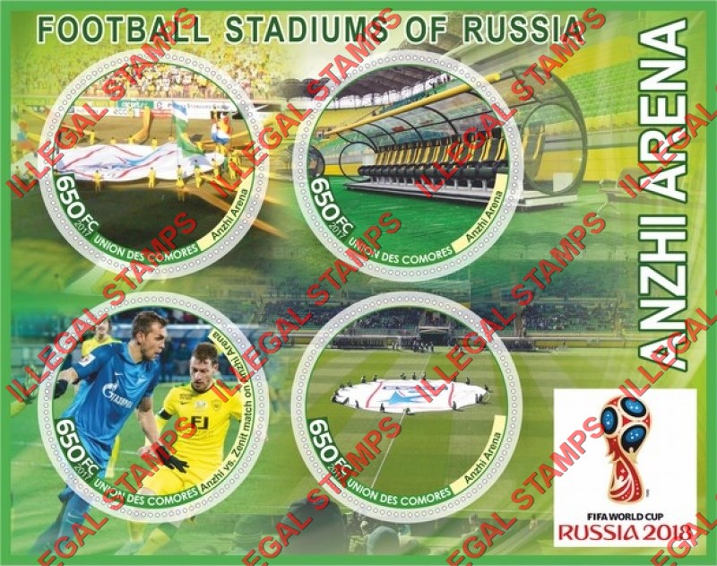 Comoro Islands 2017 FIFA World Cup Soccer in Russia in 2018 Football Stadiums Anzhi Arena Counterfeit Illegal Stamp Souvenir Sheet of 4 Comoro Islands 2017 FIFA World Cup Soccer in Russia in 2018 Football Stadiums Anzhi Arena Counterfeit Illegal Stamp Souvenir Sheet of 4