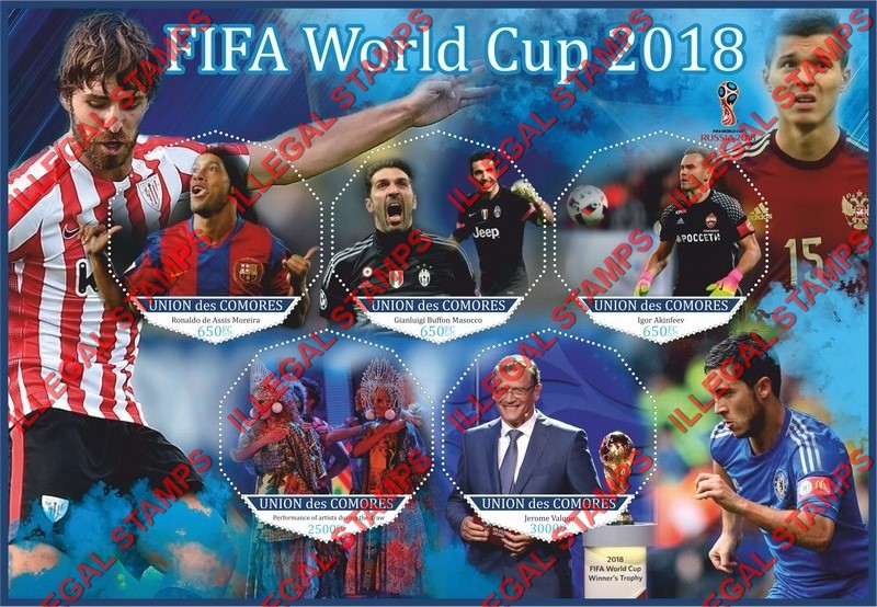 Comoro Islands 2017 FIFA World Cup Soccer in Russia in 2018 Counterfeit Illegal Stamp Souvenir Sheet of 5 Comoro Islands 2017 FIFA World Cup Soccer in Russia in 2018 Counterfeit Illegal Stamp Souvenir Sheet of 5