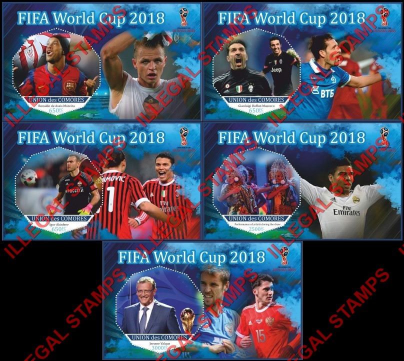 Comoro Islands 2017 FIFA World Cup Soccer in Russia in 2018 Counterfeit Illegal Stamp Souvenir Sheets of 1 Comoro Islands 2017 FIFA World Cup Soccer in Russia in 2018 Counterfeit Illegal Stamp Souvenir Sheets of 1
