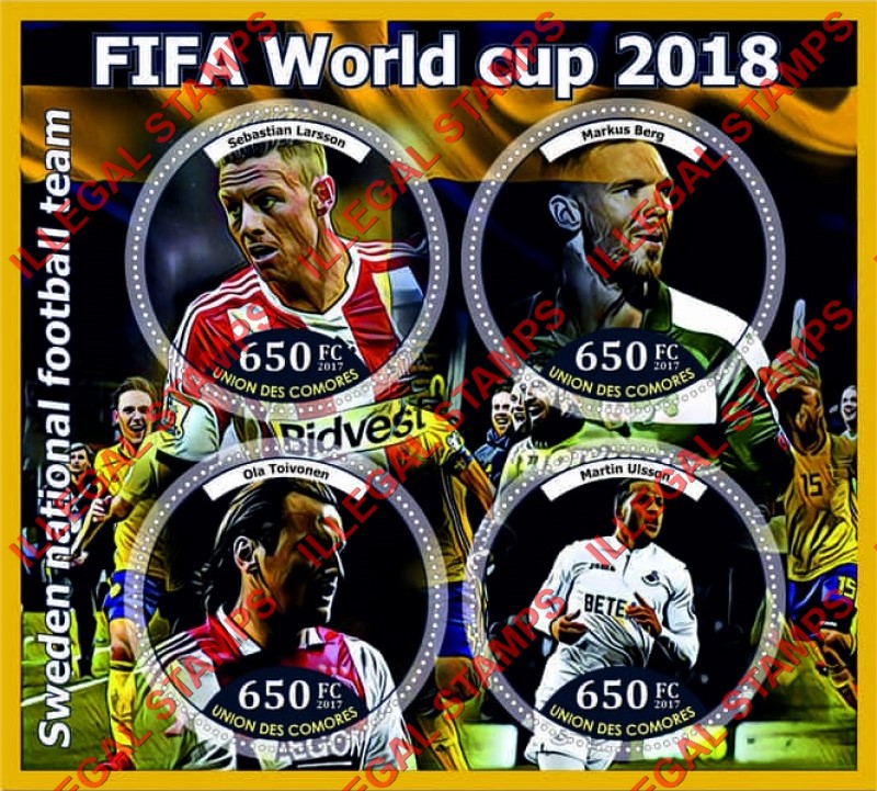 Comoro Islands 2017 FIFA World Cup Soccer in Russia in 2018 Sweden Team Counterfeit Illegal Stamp Souvenir Sheet of 4 Comoro Islands 2017 FIFA World Cup Soccer in Russia in 2018 Sweden Team Counterfeit Illegal Stamp Souvenir Sheet of 4