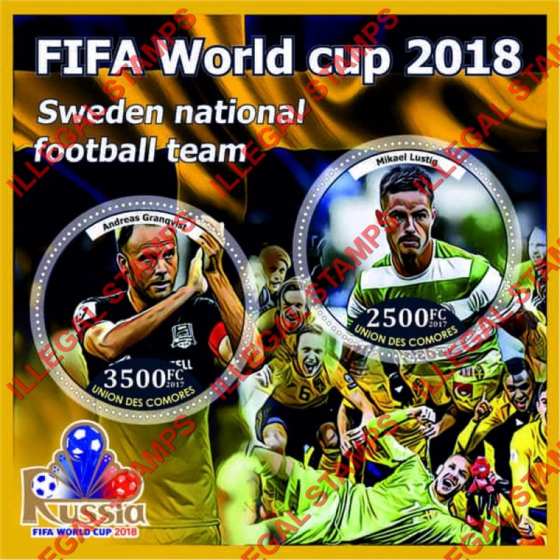 Comoro Islands 2017 FIFA World Cup Soccer in Russia in 2018 Sweden Team Counterfeit Illegal Stamp Souvenir Sheet of 2 Comoro Islands 2017 FIFA World Cup Soccer in Russia in 2018 Sweden Team Counterfeit Illegal Stamp Souvenir Sheet of 2