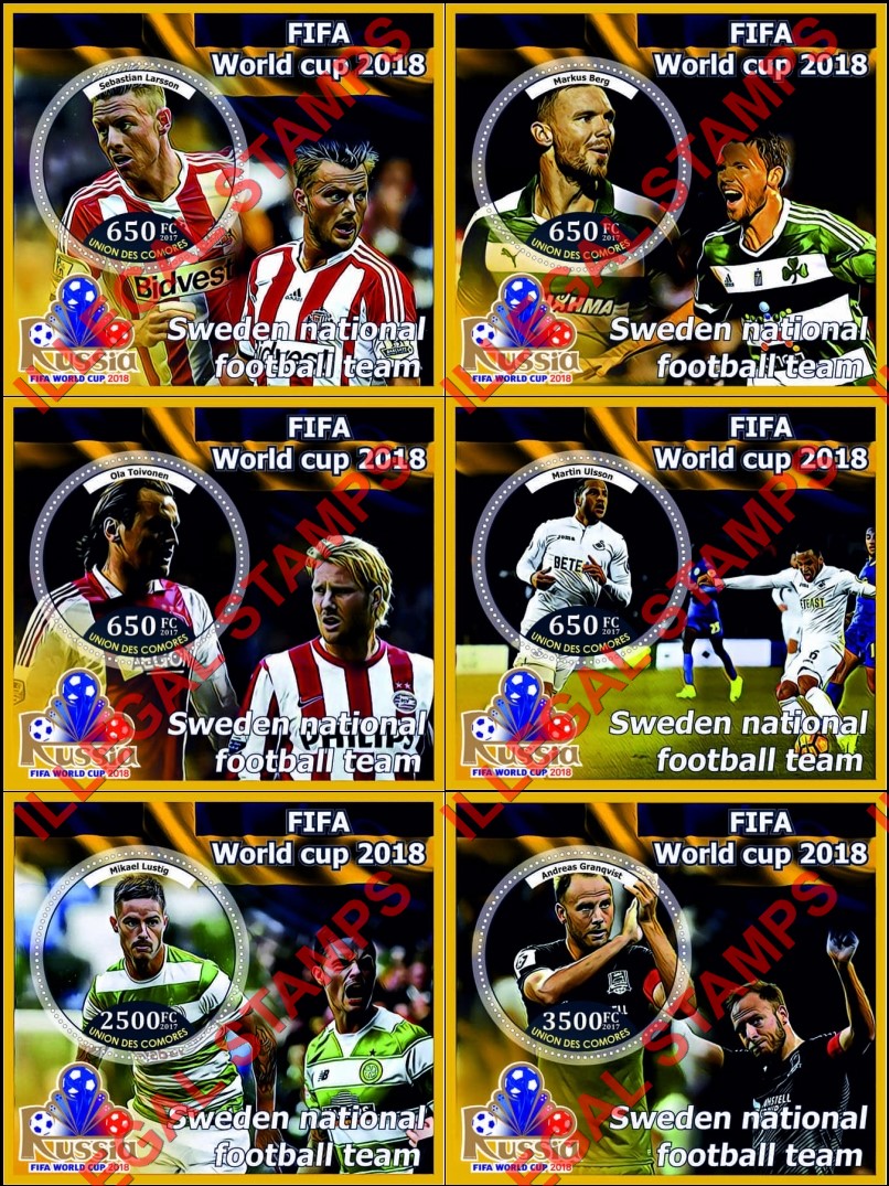 Comoro Islands 2017 FIFA World Cup Soccer in Russia in 2018 Sweden Team Counterfeit Illegal Stamp Souvenir Sheets of 1 Comoro Islands 2017 FIFA World Cup Soccer in Russia in 2018 Sweden Team Counterfeit Illegal Stamp Souvenir Sheets of 1