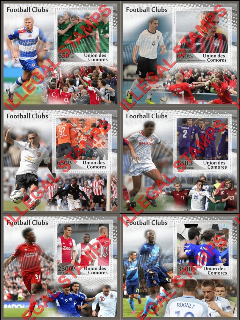 Comoro Islands 2017 Football Clubs Counterfeit Illegal Stamp Souvenir Sheets of 1 Comoro Islands 2017 Football Clubs Counterfeit Illegal Stamp Souvenir Sheets of 1