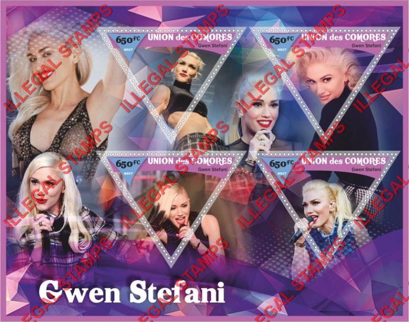 Comoro Islands 2017 Gwen Stefani Singer Counterfeit Illegal Stamp Souvenir Sheet of 4 Comoro Islands 2017 Gwen Stefani Singer Counterfeit Illegal Stamp Souvenir Sheet of 4