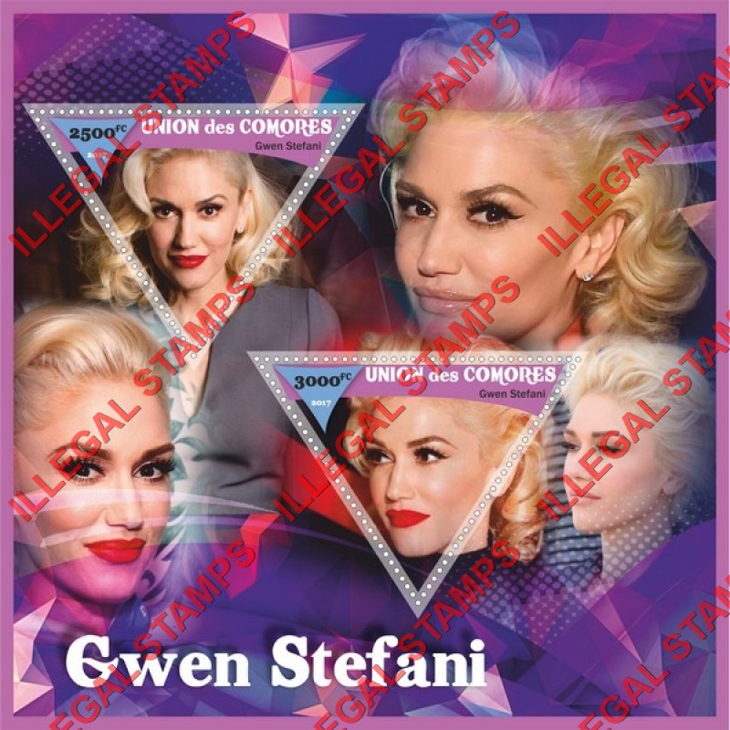 Comoro Islands 2017 Gwen Stefani Singer Counterfeit Illegal Stamp Souvenir Sheet of 2 Comoro Islands 2017 Gwen Stefani Singer Counterfeit Illegal Stamp Souvenir Sheet of 2