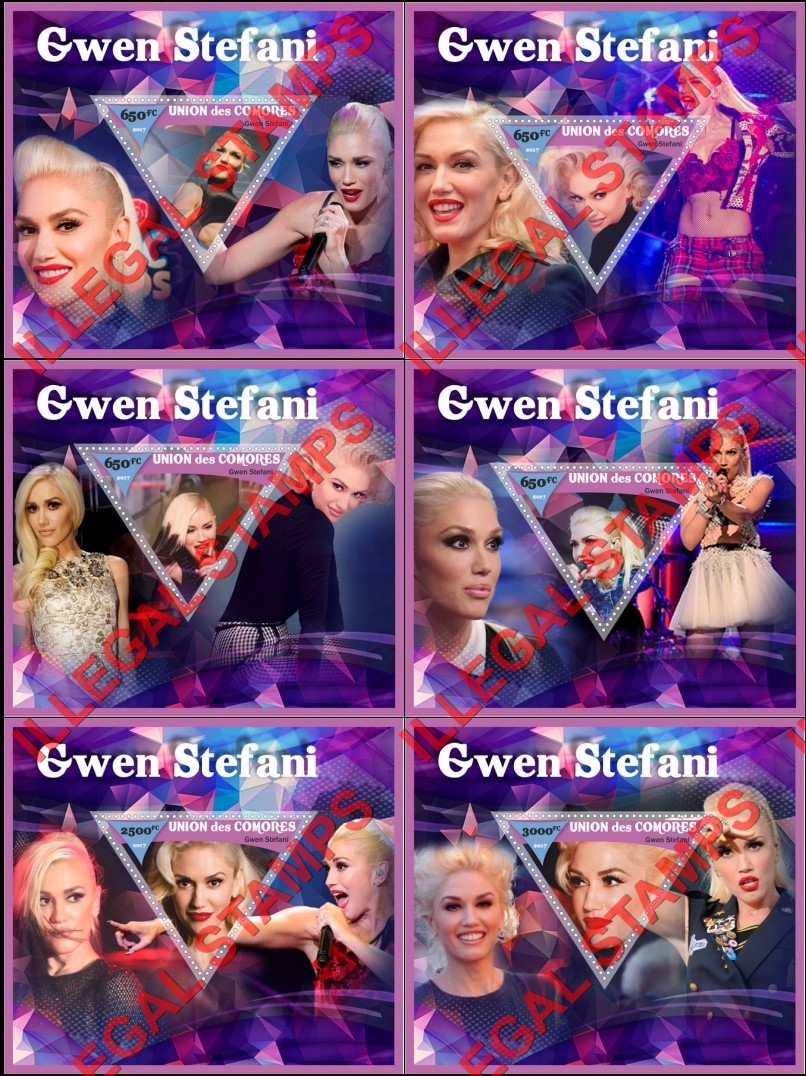 Comoro Islands 2017 Gwen Stefani Singer Counterfeit Illegal Stamp Souvenir Sheets of 1 Comoro Islands 2017 Gwen Stefani Singer Counterfeit Illegal Stamp Souvenir Sheets of 1
