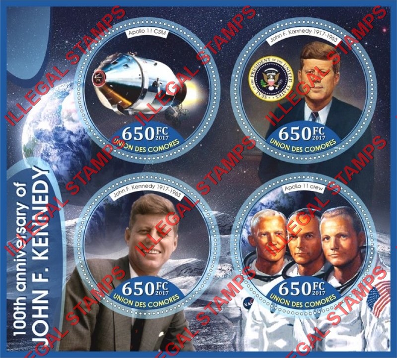 Comoro Islands 2017 John F. Kennedy and Apollo 11 Counterfeit Illegal Stamp Souvenir Sheet of 4 Comoro Islands 2017 John F. Kennedy and Apollo 11 Counterfeit Illegal Stamp Souvenir Sheet of 4