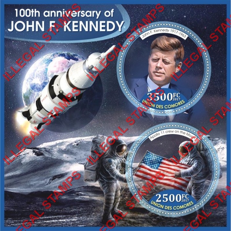 Comoro Islands 2017 John F. Kennedy and Apollo 11 Counterfeit Illegal Stamp Souvenir Sheet of 2 Comoro Islands 2017 John F. Kennedy and Apollo 11 Counterfeit Illegal Stamp Souvenir Sheet of 2