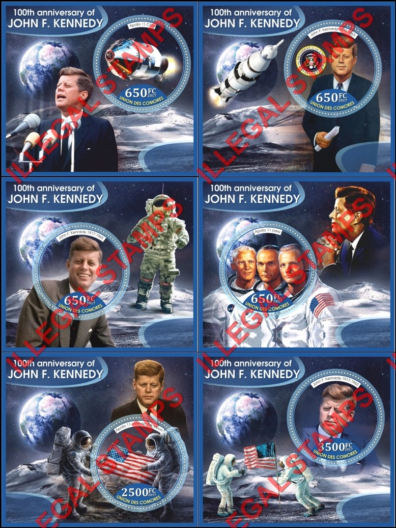Comoro Islands 2017 John F. Kennedy and Apollo 11 Counterfeit Illegal Stamp Souvenir Sheets of 1 Comoro Islands 2017 John F. Kennedy and Apollo 11 Counterfeit Illegal Stamp Souvenir Sheets of 1