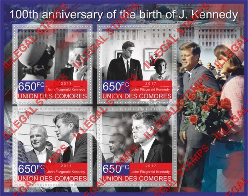 Comoro Islands 2017 John F. Kennedy Counterfeit Illegal Stamp Souvenir Sheet of 4 Comoro Islands 2017 John F. Kennedy Counterfeit Illegal Stamp Souvenir Sheet of 4
