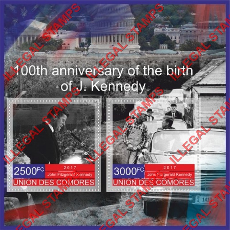 Comoro Islands 2017 John F. Kennedy Counterfeit Illegal Stamp Souvenir Sheet of 2 Comoro Islands 2017 John F. Kennedy Counterfeit Illegal Stamp Souvenir Sheet of 2