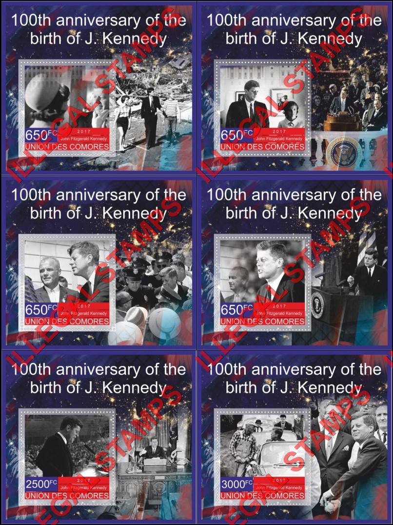 Comoro Islands 2017 John F. Kennedy Counterfeit Illegal Stamp Souvenir Sheets of 1 Comoro Islands 2017 John F. Kennedy Counterfeit Illegal Stamp Souvenir Sheets of 1