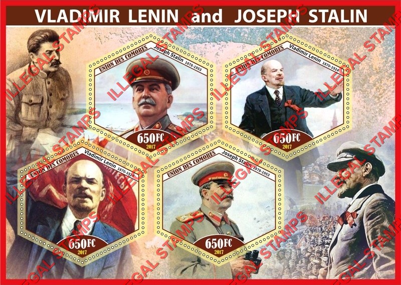 Comoro Islands 2017 Lenin and Stalin (different) Counterfeit Illegal Stamp Souvenir Sheet of 4 Comoro Islands 2017 Lenin and Stalin (different) Counterfeit Illegal Stamp Souvenir Sheet of 4