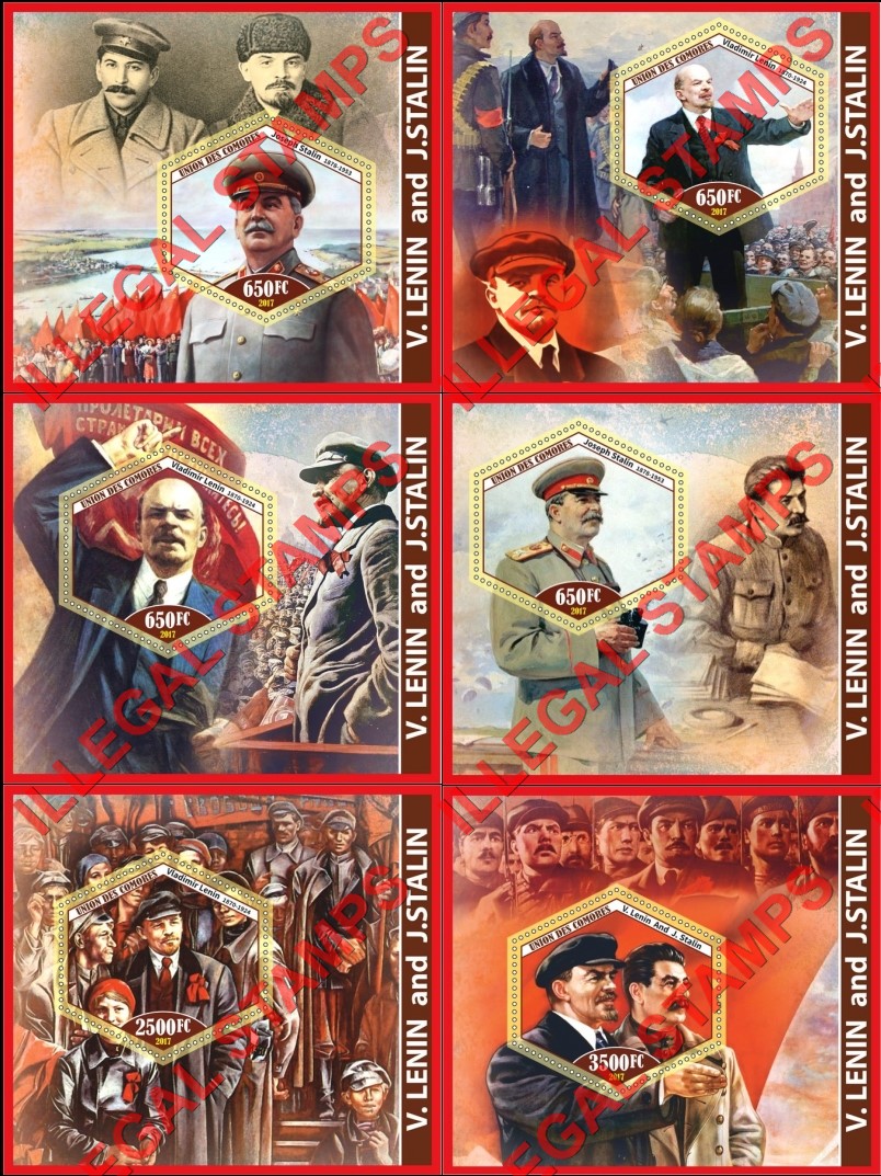 Comoro Islands 2017 Lenin and Stalin (different) Counterfeit Illegal Stamp Souvenir Sheets of 1 Comoro Islands 2017 Lenin and Stalin (different) Counterfeit Illegal Stamp Souvenir Sheets of 1