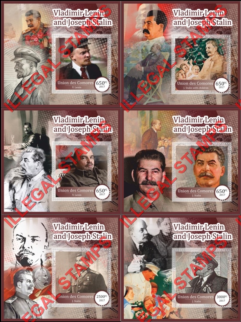 Comoro Islands 2017 Lenin and Stalin Counterfeit Illegal Stamp Souvenir Sheets of 1 Comoro Islands 2017 Lenin and Stalin Counterfeit Illegal Stamp Souvenir Sheets of 1