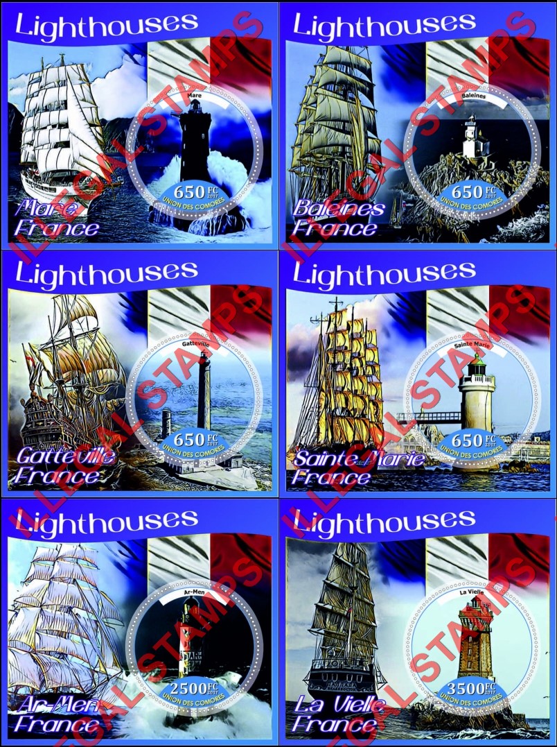 Comoro Islands 2017 Lighthouses and Sailing Ships Counterfeit Illegal Stamp Souvenir Sheets of 1 Comoro Islands 2017 Lighthouses and Sailing Ships Counterfeit Illegal Stamp Souvenir Sheets of 1
