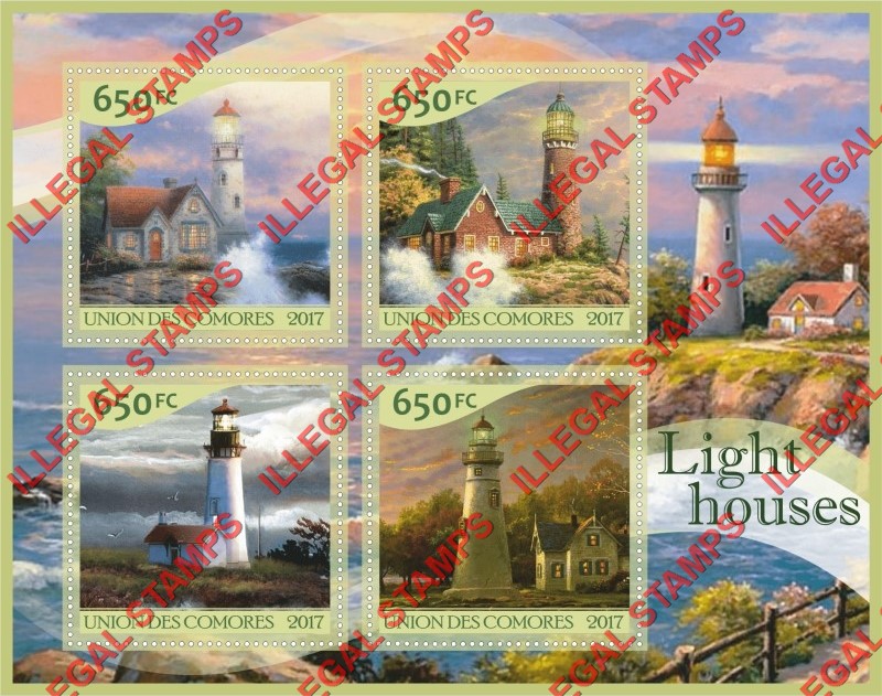 Comoro Islands 2017 Lighthouses Counterfeit Illegal Stamp Souvenir Sheet of 4 Comoro Islands 2017 Lighthouses Counterfeit Illegal Stamp Souvenir Sheet of 4