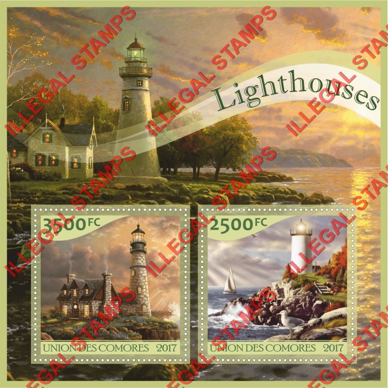 Comoro Islands 2017 Lighthouses Counterfeit Illegal Stamp Souvenir Sheet of 2 Comoro Islands 2017 Lighthouses Counterfeit Illegal Stamp Souvenir Sheet of 2