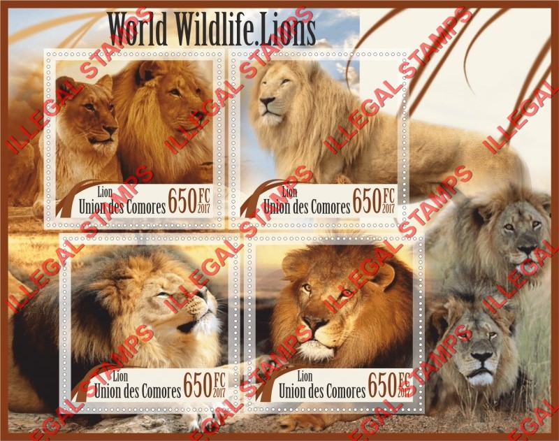 Comoro Islands 2017 Lions World Wildlife Counterfeit Illegal Stamp Souvenir Sheet of 4 Comoro Islands 2017 Lions World Wildlife Counterfeit Illegal Stamp Souvenir Sheet of 4