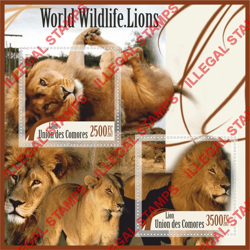 Comoro Islands 2017 Lions World Wildlife Counterfeit Illegal Stamp Souvenir Sheet of 2 Comoro Islands 2017 Lions World Wildlife Counterfeit Illegal Stamp Souvenir Sheet of 2