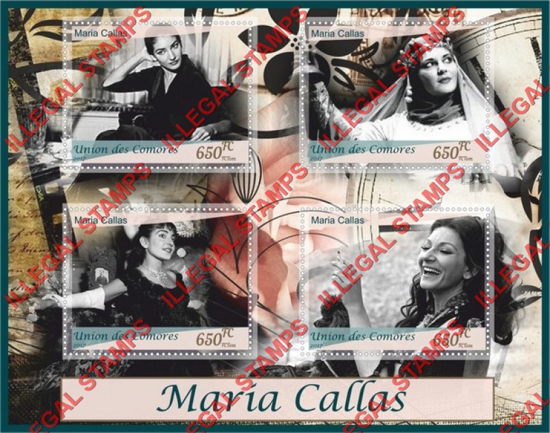 Comoro Islands 2017 Maria Callas Soprano Singer Counterfeit Illegal Stamp Souvenir Sheet of 4 Comoro Islands 2017 Maria Callas Soprano Singer Counterfeit Illegal Stamp Souvenir Sheet of 4