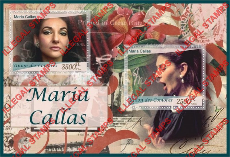 Comoro Islands 2017 Maria Callas Soprano Singer Counterfeit Illegal Stamp Souvenir Sheet of 2 Comoro Islands 2017 Maria Callas Soprano Singer Counterfeit Illegal Stamp Souvenir Sheet of 2
