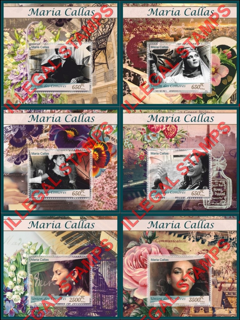 Comoro Islands 2017 Maria Callas Soprano Singer Counterfeit Illegal Stamp Souvenir Sheets of 1 Comoro Islands 2017 Maria Callas Soprano Singer Counterfeit Illegal Stamp Souvenir Sheets of 1