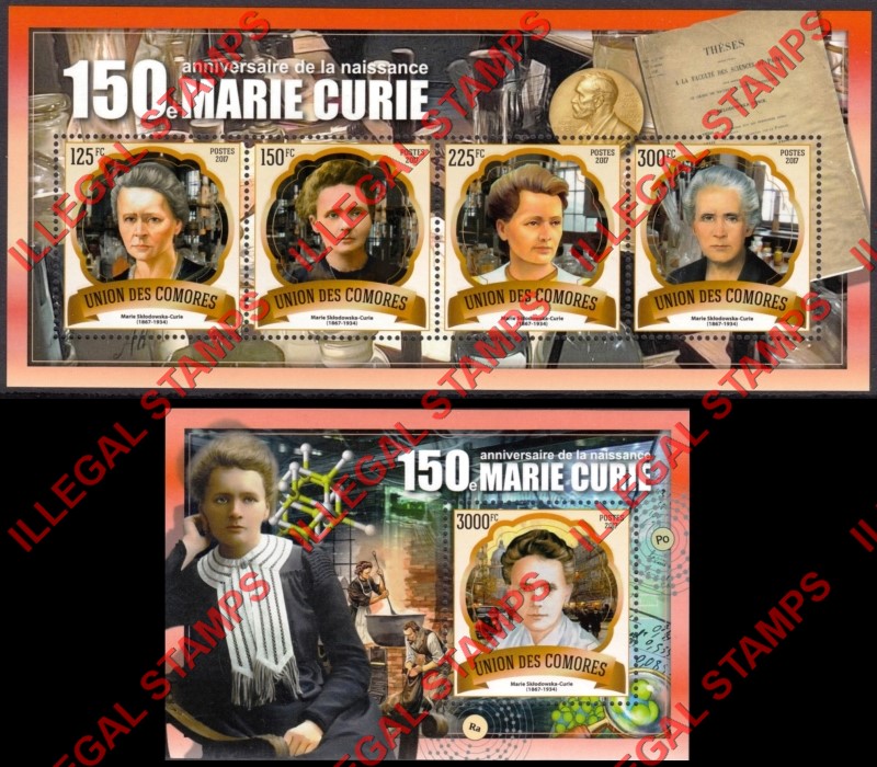 Comoro Islands 2017 Marie Curie Counterfeit Illegal Stamp Souvenir Sheets of 4 and 1 Comoro Islands 2017 Marie Curie Counterfeit Illegal Stamp Souvenir Sheets of 4 and 1