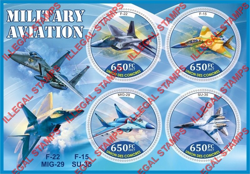 Comoro Islands 2017 Military Aviation Counterfeit Illegal Stamp Souvenir Sheet of 4 Comoro Islands 2017 Military Aviation Counterfeit Illegal Stamp Souvenir Sheet of 4