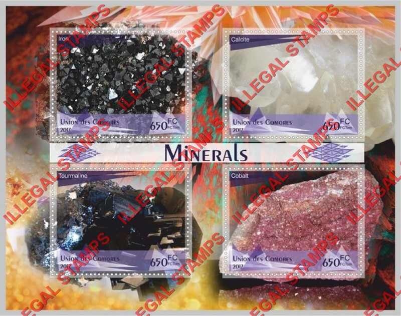 Comoro Islands 2017 Minerals Counterfeit Illegal Stamp Souvenir Sheet of 4 Comoro Islands 2017 Minerals Counterfeit Illegal Stamp Souvenir Sheet of 4