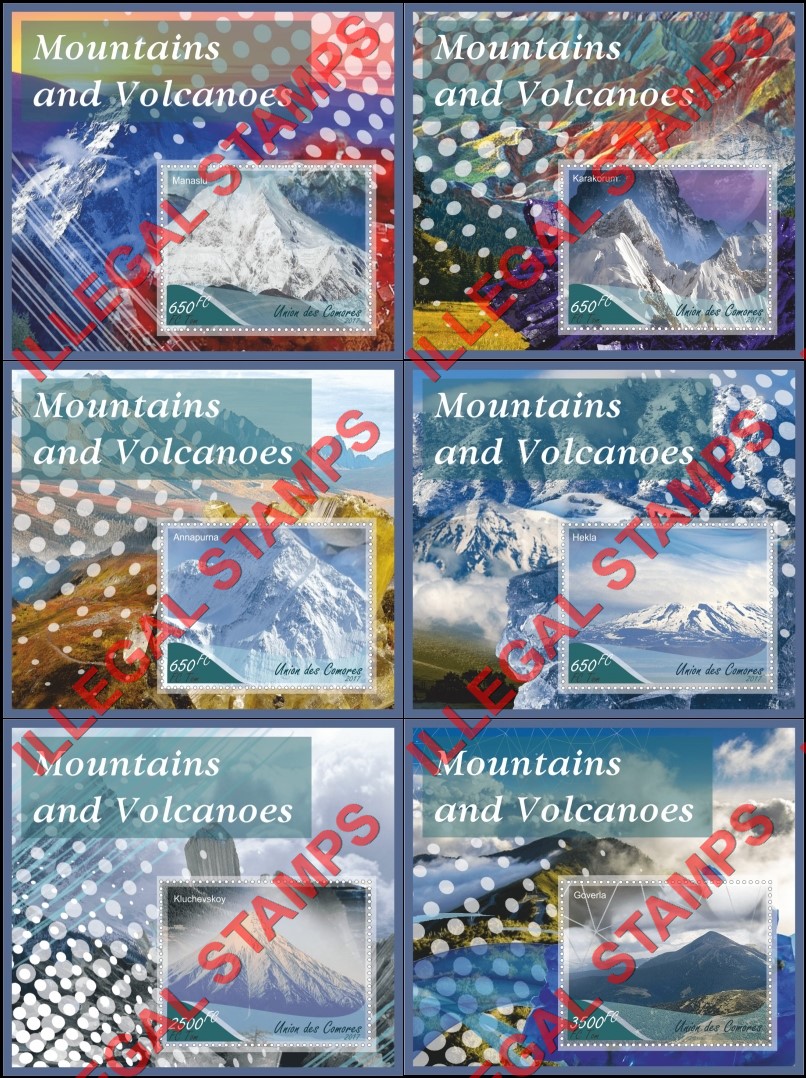 Comoro Islands 2017 Mountains and Volcanoes Counterfeit Illegal Stamp Souvenir Sheets of 1 Comoro Islands 2017 Mountains and Volcanoes Counterfeit Illegal Stamp Souvenir Sheets of 1