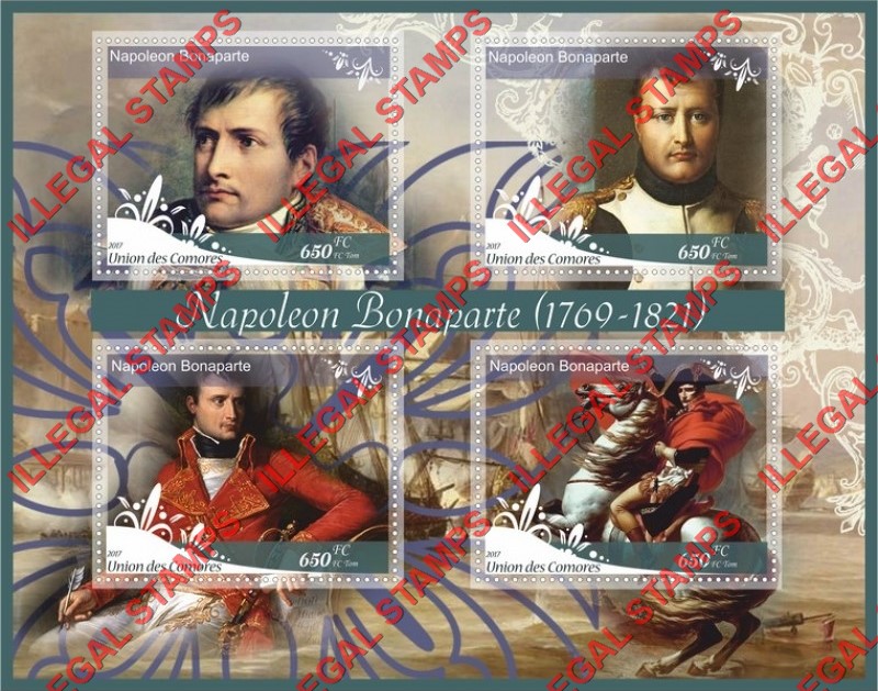 Comoro Islands 2017 Napoleon Bonaparte (different b) Counterfeit Illegal Stamp Souvenir Sheet of 4 Comoro Islands 2017 Napoleon Bonaparte (different b) Counterfeit Illegal Stamp Souvenir Sheet of 4