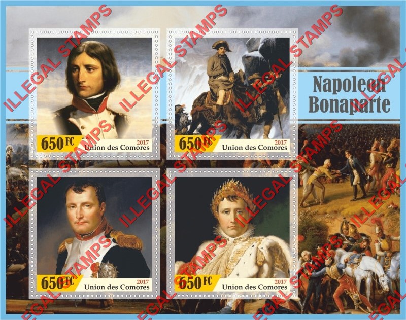 Comoro Islands 2017 Napoleon Bonaparte (different) Counterfeit Illegal Stamp Souvenir Sheet of 4 Comoro Islands 2017 Napoleon Bonaparte (different) Counterfeit Illegal Stamp Souvenir Sheet of 4