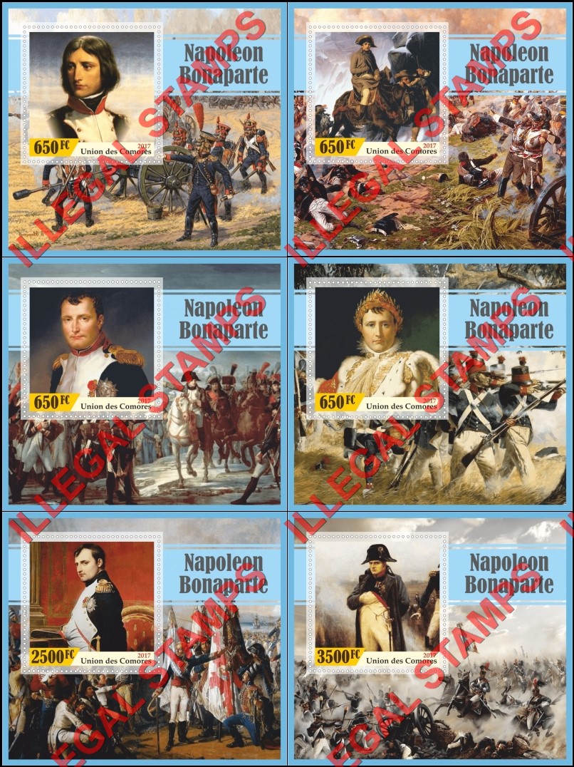 Comoro Islands 2017 Napoleon Bonaparte (different) Counterfeit Illegal Stamp Souvenir Sheets of 1 Comoro Islands 2017 Napoleon Bonaparte (different) Counterfeit Illegal Stamp Souvenir Sheets of 1