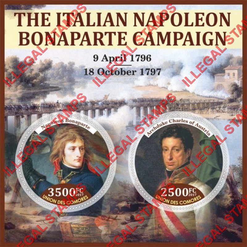 Comoro Islands 2017 Napoleon Bonaparte Italian Campaign Counterfeit Illegal Stamp Souvenir Sheet of 2 Comoro Islands 2017 Napoleon Bonaparte Italian Campaign Counterfeit Illegal Stamp Souvenir Sheet of 2