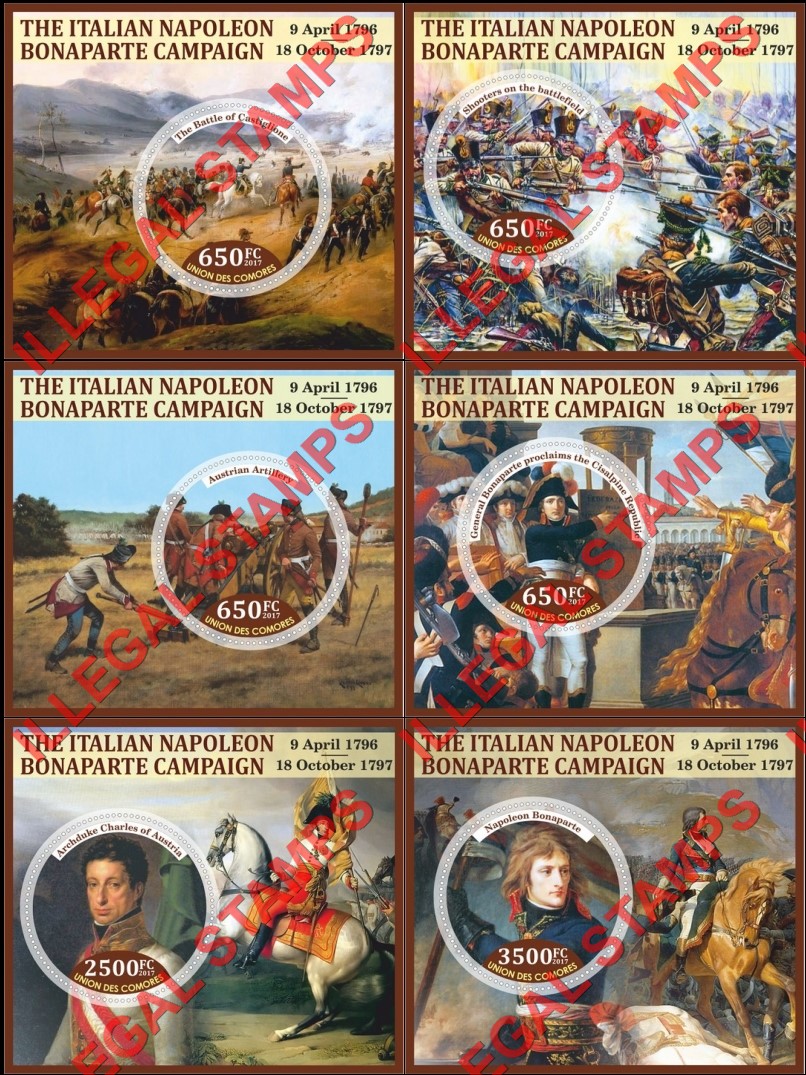 Comoro Islands 2017 Napoleon Bonaparte Italian Campaign Counterfeit Illegal Stamp Souvenir Sheets of 1 Comoro Islands 2017 Napoleon Bonaparte Italian Campaign Counterfeit Illegal Stamp Souvenir Sheets of 1