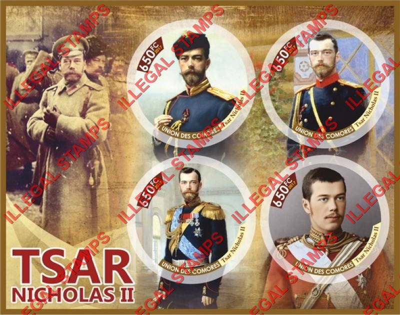 Comoro Islands 2017 Nicholas II Tsar of Russia (different a) Counterfeit Illegal Stamp Souvenir Sheet of 4 Comoro Islands 2017 Nicholas II Tsar of Russia (different a) Counterfeit Illegal Stamp Souvenir Sheet of 4