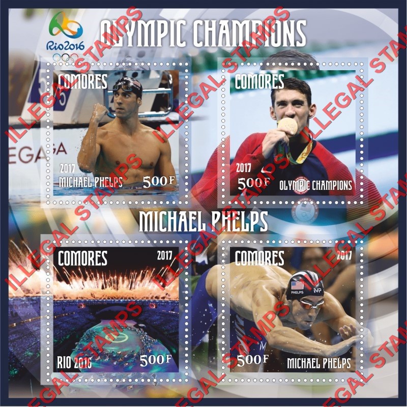 Comoro Islands 2017 Olympic Champions in Rio in 2016 Michael Phelps Counterfeit Illegal Stamp Souvenir Sheet of 4 Comoro Islands 2017 Olympic Champions in Rio in 2016 Michael Phelps Counterfeit Illegal Stamp Souvenir Sheet of 4