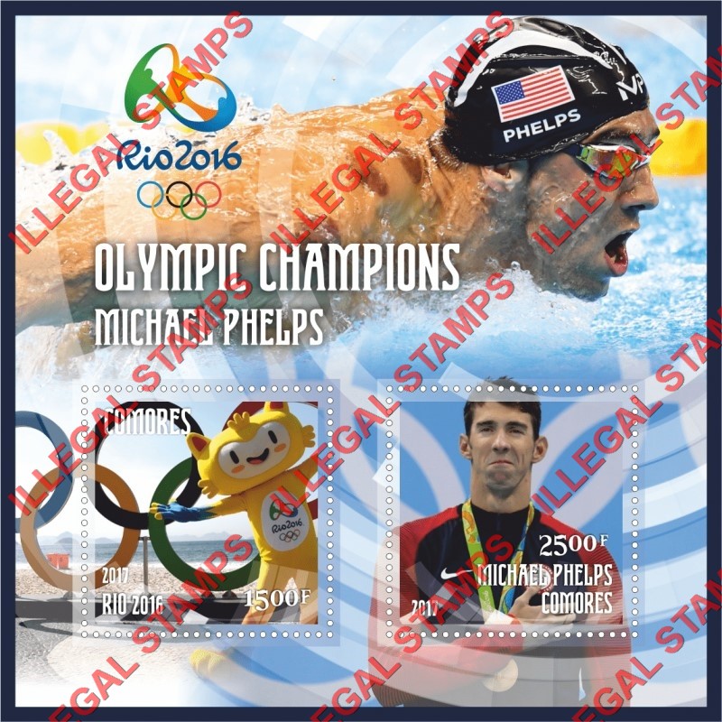 Comoro Islands 2017 Olympic Champions in Rio in 2016 Michael Phelps Counterfeit Illegal Stamp Souvenir Sheet of 2 Comoro Islands 2017 Olympic Champions in Rio in 2016 Michael Phelps Counterfeit Illegal Stamp Souvenir Sheet of 2