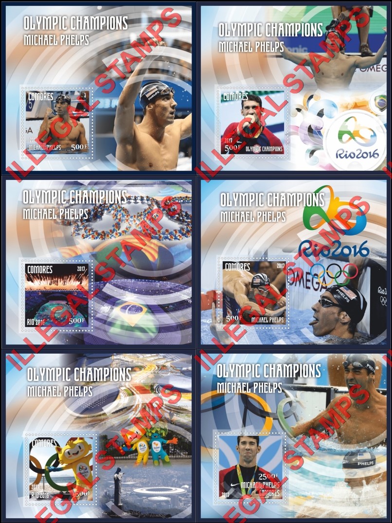 Comoro Islands 2017 Olympic Champions in Rio in 2016 Michael Phelps Counterfeit Illegal Stamp Souvenir Sheets of 1 Comoro Islands 2017 Olympic Champions in Rio in 2016 Michael Phelps Counterfeit Illegal Stamp Souvenir Sheets of 1