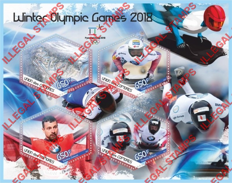 Comoro Islands 2017 Olympic Games in PyeongChang in 2018 (different a) Counterfeit Illegal Stamp Souvenir Sheet of 4 Comoro Islands 2017 Olympic Games in PyeongChang in 2018 (different a) Counterfeit Illegal Stamp Souvenir Sheet of 4
