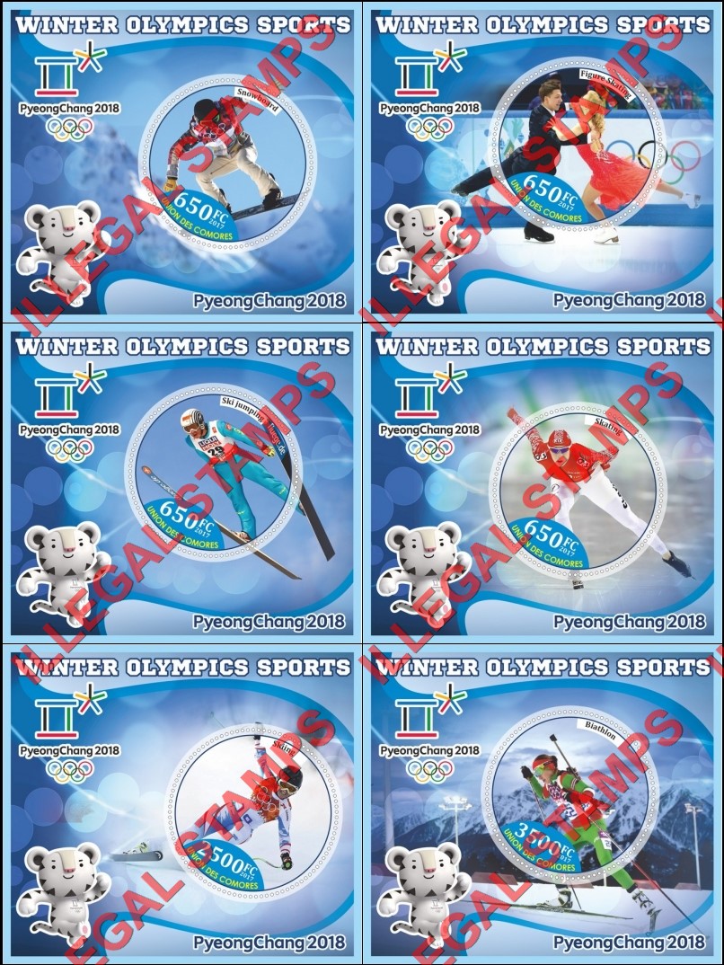 Comoro Islands 2017 Olympic Games in PyeongChang in 2018 (different) Counterfeit Illegal Stamp Souvenir Sheets of 1 Comoro Islands 2017 Olympic Games in PyeongChang in 2018 (different) Counterfeit Illegal Stamp Souvenir Sheets of 1