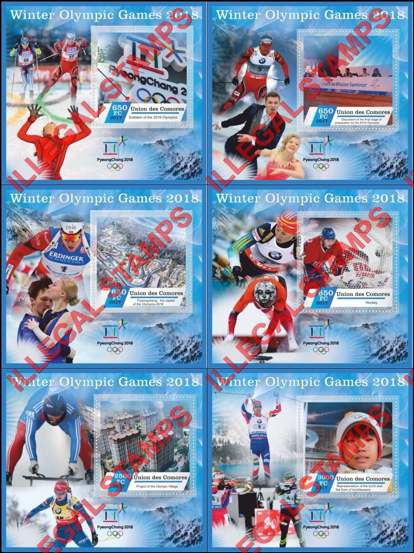 Comoro Islands 2017 Olympic Games in PyeongChang in 2018 Counterfeit Illegal Stamp Souvenir Sheets of 1 Comoro Islands 2017 Olympic Games in PyeongChang in 2018 Counterfeit Illegal Stamp Souvenir Sheets of 1