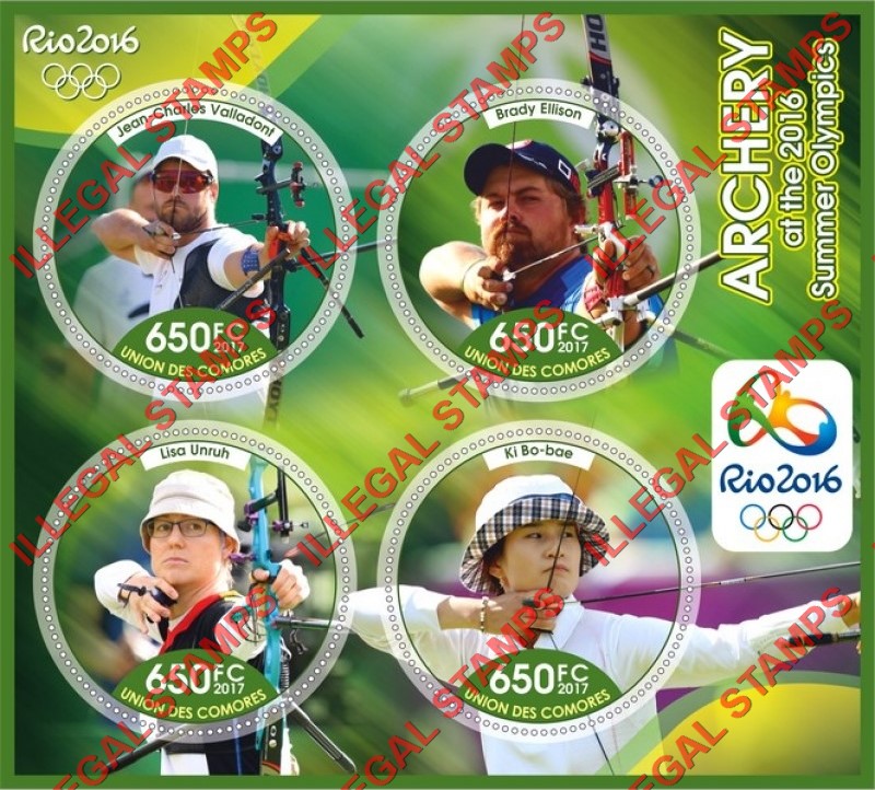 Comoro Islands 2017 Olympic Games in Rio in 2016 Archery Counterfeit Illegal Stamp Souvenir Sheet of 4 Comoro Islands 2017 Olympic Games in Rio in 2016 Archery Counterfeit Illegal Stamp Souvenir Sheet of 4