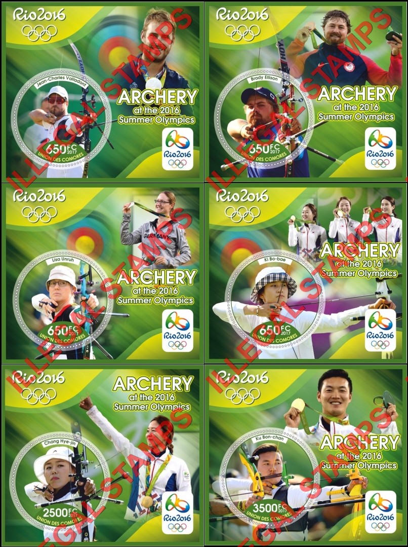 Comoro Islands 2017 Olympic Games in Rio in 2016 Archery Counterfeit Illegal Stamp Souvenir Sheets of 1 Comoro Islands 2017 Olympic Games in Rio in 2016 Archery Counterfeit Illegal Stamp Souvenir Sheets of 1