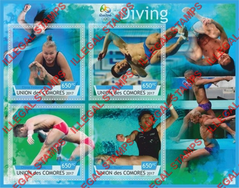 Comoro Islands 2017 Olympic Games in Rio in 2016 Diving Counterfeit Illegal Stamp Souvenir Sheet of 4 Comoro Islands 2017 Olympic Games in Rio in 2016 Diving Counterfeit Illegal Stamp Souvenir Sheet of 4