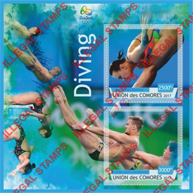 Comoro Islands 2017 Olympic Games in Rio in 2016 Diving Counterfeit Illegal Stamp Souvenir Sheet of 2 Comoro Islands 2017 Olympic Games in Rio in 2016 Diving Counterfeit Illegal Stamp Souvenir Sheet of 2