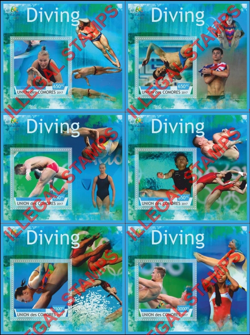 Comoro Islands 2017 Olympic Games in Rio in 2016 Diving Counterfeit Illegal Stamp Souvenir Sheets of 1 Comoro Islands 2017 Olympic Games in Rio in 2016 Diving Counterfeit Illegal Stamp Souvenir Sheets of 1