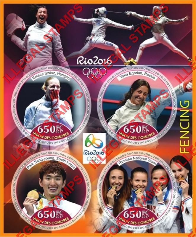 Comoro Islands 2017 Olympic Games in Rio in 2016 Fencing Counterfeit Illegal Stamp Souvenir Sheet of 4 Comoro Islands 2017 Olympic Games in Rio in 2016 Fencing Counterfeit Illegal Stamp Souvenir Sheet of 4